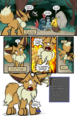 5_panel_comic ambiguous_gender black_eyes black_nose black_text bodily_fluids branch brown_body chest_gem claws clothing coin controller day dialogue directional_arrow dot_pupils ellipsis exclamation_point eyebrows feral finger_claws fluffy fluffy_tail forehead_gem forest fur game_controller gem gold_(metal) gold_coin grass group hair hat headgear headwear inner_monologue mouth_closed neck_tuft open_mouth orange_eyes outside page_number paws plant pointy_speech_bubble quadruped question question_mark red_tail rock sharp_teeth speech_bubble standing sweat sweatdrop tail talking_to_another teeth text text_box thinking toe_claws tongue toony translucent translucent_hair tree tuft wearing_hat white_sclera white_text yellow_gem virmir nintendo pokemon pokemon_mystery_dungeon spike_chunsoft virmir_(character) drowzee eevee generation_1_pokemon generation_2_pokemon machop pokemon_(species) sneasel 2024 2:3 absurd_res comic digital_media_(artwork) english_text hi_res male_(lore)