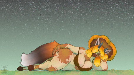 5_fingers anthro big_breasts big_butt bra breasts brown_body butt chanterelle clothed clothing female fingers fox_ears fox_tail grass hair hooves horn lying mature_anthro mature_female night no_underwear orange_hair partially_clothed plant sky solo spots star starry_sky tail thick_thighs underwear rockyhorns fiora_(rockyhorns) bovid bovine canid canine cattle fox mammal 16:9 full-length_portrait hi_res portrait widescreen