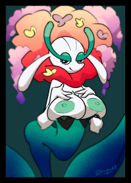 anthro bedroom_eyes big_breasts black_border border breasts exposed_breasts female flower half-closed_eyes legless looking_at_viewer narrowed_eyes nipples plant seductive simple_background smile solo drasha69 nintendo pokemon florges generation_6_pokemon pokemon_(species) red_flower_florges absurd_res hi_res