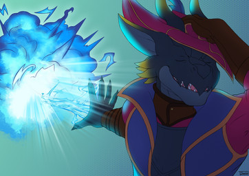 ambiguous_gender anthro armor breastplate claws clothing explosion eyes_closed feathers gloves hand_on_head handwear hat headgear headwear horn looking_away looking_away_from_explosion sharp_teeth simple_background smile solo teeth topwear vest sinarts jujutsu_kaisen mythology naoya_hair_flip kobold mythological_creature scalie hi_res meme