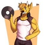 abstract_background anthro bottomwear brown_eyes clothing electronics fangs fur headphones headphones_around_neck horn male shirt shorts sleeveless_shirt solo teeth topwear vinyl_record yellow_body yellow_fur ryanyeen dj_strap cervine deer mammal muntjac hi_res