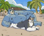 anthro beach belly black_body black_fur blue_body blue_fur detailed_background duo fur hand_on_knee hand_on_leg lying_on_ground male moobs nude on_ground overweight overweight_male sky white_body white_fur bearinbriefs felix_sotelo russell_sotelo bear canid canine canis domestic_dog herding_dog mammal pastoral_dog welsh_corgi 2024 absurd_res hi_res