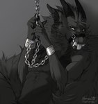 anthro bdsm belt bodily_fluids bondage bound chain chained cuff_(restraint) dungeon fantasy fur gag male muzzle_(object) nude prisoner restrained restraints saliva shackles slave solo submissive submissive_male tongue tongue_out nemesisilit mythology morrogh dragon furred_dragon furred_scalie mythological_creature mythological_scalie scalie black_and_white hi_res monochrome