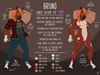 anthro bisexual_pride_colors blue_eyes bottomwear brown_body burlap_sack carrying_another clothing color_swatch cuffed_jeans denim denim_bottomwear denim_clothing featureless_crotch hair hooves jeans lgbt_pride male mane mane_hair muscular muscular_male nipples off/on orange_hair orange_tail pants pride_colors red_flannel shirt shoulder_carry solo t-shirt tail tail_wraps tan_chest text topwear wraps espressothegoat bruno_(espressothegoat) equid equine horse mammal 4:3 english_text flat_colors hi_res model_sheet