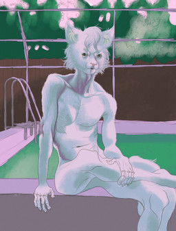 anthro blue_body blue_fur fur humanoid_hands male poolside solo white_body white_fur lathebiosas domestic_cat felid feline felis mammal hi_res sketch unfinished