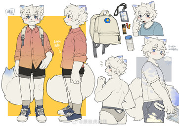 5_fingers anthro backpack biped blue_eyes blush bottomwear clothed clothing dipstick_ears dipstick_tail ear_markings eyebrows fingers fur furgonomic_bottomwear furgonomic_underwear furgonomics hair kemono male markings multicolored_ears open_mouth open_smile shirt shorts smile solo tail tail_markings text topwear umbrella underwear underwear_only white_body white_fur milkybot qinglan_(milkybot) domestic_cat felid feline felis mammal chinese_text model_sheet translated