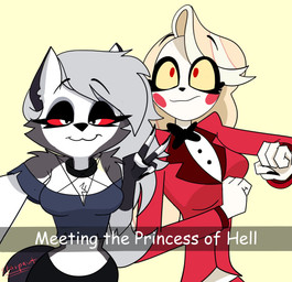 :3 anthro black_bottomwear black_clothing black_eyelids blonde_hair blush blush_stickers bottomwear bow_tie breasts caption cleavage clothed clothed_anthro clothed_female clothed_humanoid clothing collar crop_top duo female fur gesture grey_body grey_clothing grey_crop_top grey_fur grey_hair grey_shirt grey_topwear hair hand_gesture long_hair midriff narrowed_eyes notched_ear pupils red_clothing red_eyes red_sclera red_suit selfie shirt simple_background slit_pupils suit text topwear v_sign white_body white_eyes white_face white_fur yellow_background yellow_sclera starpaintart hazbin_hotel hellaverse helluva_boss mythology charlie_morningstar loona_(helluva_boss) canid canid_demon canine demon demon_humanoid hellhound humanoid mammal mythological_canine mythological_creature 2025 absurd_res comic_sans english_text hi_res