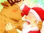 anthro beard biped blush brown_body brown_fur christmas_clothing christmas_headwear clothing duo facial_hair fur hat headgear headwear holidays humanoid_hands kemono kissing male red_nose santa_hat fuboku christmas santa_claus deer human mammal new_world_deer reindeer 2011 4:3