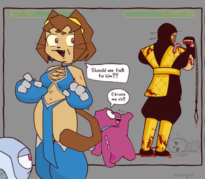 anthro blood blue_clothing bodily_fluids breasts brown_hair brown_tail clothed clothing corpse cosplay crossover_cosplay death eyebrows female fingers gore group hair imminent_death machine open_mouth red_tongue size_difference tail teeth tongue maniqui gameoverse glitch_productions mortal_kombat gobbles_(gameoverse) kaboodle_(gameoverse) kit_bodega kitana_(mortal_kombat) scorpion_(mortal_kombat) dinosaur domestic_cat felid feline felis mammal prehistoric_species reptile robot scalie 2026 crossover hi_res