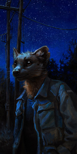 anthro biped brown_body brown_fur clothed clothing fur hand_in_pocket hands_in_both_pockets jacket male night notched_ear outside plant pockets pole sky smile solo standing star text topwear tree whiskers wire kenket tay_(kenket) gulonine mammal marten mustelid musteline pine_marten painting_(artwork) traditional_media_(artwork) traditional_painting_(artwork) url