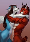 anthro blue_body duo fur hair hug male male/male muscular muscular_anthro muscular_male nude orange_eyes red_body simple_background smile tail teeth white_body dimonis canid canine felid feline fox hybrid lynx mammal pantherine tiger 2023 digital_media_(artwork) signature