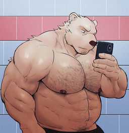 abs anthro barazoku blue_eyes body_hair cellphone chest_hair clothed clothing ear_piercing ear_ring electronics fur holding_cellphone holding_object holding_phone inside kemono looking_at_cellphone looking_at_object looking_at_phone male muscular muscular_anthro muscular_male nipples pecs phone piercing ring_piercing selfie solo tile tile_wall topless wall_(structure) white_body white_fur episode0006 bear mammal absurd_res digital_media_(artwork) hi_res shaded