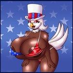 4_fingers american_flag american_flag_bikini anthro areola areola_slip beak bedroom_eyes big_areola big_breasts big_nipples bikini biped black_eyebrows blue_background blue_border blue_eyes border breasts brown_areola brown_body brown_feathers camel_toe cleavage clothed clothing curvy_figure eyebrows eyelashes eyeshadow feather_hair feathers female fingers flag flag_background flag_bikini flag_clothing flag_print flag_swimwear front_view fully_clothed hair half-closed_eyes hands_on_legs hands_on_thighs hat headgear headwear huge_breasts looking_at_viewer makeup midriff multicolored_body multicolored_feathers narrowed_eyes nipple_outline nipples non-mammal_breasts open_beak open_mouth open_smile pattern_background print_bikini print_clothing print_swimwear pseudo_hair red_eyeshadow seductive simple_background skimpy smile smiling_at_viewer solo star-shaped_background swimwear tail tail_feathers thick_thighs top_hat two-piece_swimsuit two_tone_body two_tone_feathers united_states_of_america white_body white_feathers white_hair white_tail wide_hips yellow_beak larikane freeda_(himynameisnobody) accipitrid accipitriform avian bald_eagle bird eagle sea_eagle 1:1 2020 digital_media_(artwork) hi_res portrait shaded three-quarter_portrait