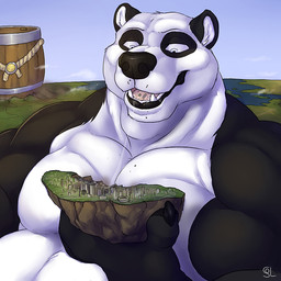anthro black_body black_claws black_fur black_nose black_pawpads blue_eyes bodily_fluids city_destruction claws destruction fangs finger_claws front_view fur macro male male_anthro muscular muscular_anthro muscular_male nude open_mouth oral_vore outside overweight overweight_anthro overweight_male pawpads pink_tongue saliva saliva_string solo teeth tongue vore white_body white_fur solaxe_(artist) bear giant_panda mammal 1:1
