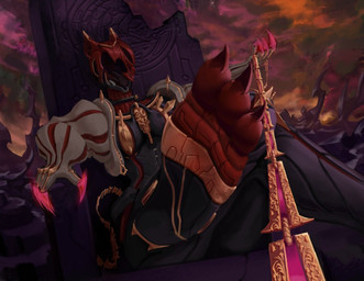black_body breasts chain chain_leash chair claws eyeless faceless feet female foot_focus furniture glowing glowing_claws gold_(metal) gold_chain grey_body holding_leash holding_object leash leashed_viewer mouthless pink_claws red_body sitting solo thick_thighs throne wide_hips horustheblind digital_extremes tencent warframe valkyr_(warframe) valkyr_carnivex valkyr_delusion humanoid warframe_(species)