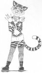 anthro clothing collar female fishnet_clothing juggalo looking_at_viewer navel pose smile smirk solo stripes tail unknown_artist insane_clown_posse hatchet_man felid mammal pantherine tiger monochrome