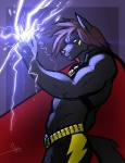 abs anthro biceps big_muscles black_body black_fur black_nose brown_hair cape clothed clothing costume electricity empty_eyes fur glowing hair lightning magic male mask muscular muscular_anthro muscular_male solo superhero topless bgn yamatoiouko yamato_iouko canid canine canis mammal wolf 2013 digital_media_(artwork) hi_res