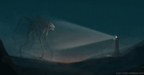 biped digitigrade feral hill hunched_over light lighthouse macro multi_limb mutated night no_sclera scenery side_view sky solo text thin_arms thin_legs valley louceph monster 2019 hi_res url