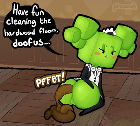 anus blush blush_stickers butt clothing dialogue dirty_talk eyelashes feces feces_pile female female_pooping genitals green_body half-closed_eyes kneeling looking_at_viewer looking_back maid_headdress maid_uniform narrowed_eyes pooping pooping_on_floor presenting presenting_hindquarters rear_view scatplay smile solo sound_effects talking_to_viewer text uniform vowelless vowelless_sound_effect vulva pincoosh mario_bros nintendo paper_mario mimi_(paper_mario) humanoid artist_name digital_media_(artwork) english_text hi_res