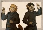 anthro christian_symbol clothed clothing cross cross_necklace duo fangs holding_cross holding_object jewelry male necklace priest religion simple_background smile standing teeth diesel_wiesel christianity gulonine hyena mammal marten mustelid musteline spotted_hyena striped_hyena