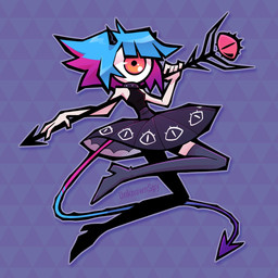 blue_hair boots bottomwear choker clothed clothing eyeball_head female footwear hair horn jewelry legwear necklace not_furry shoes skirt solo spade_tail staff tail tail_under_skirt thigh_boots thigh_highs unknownspy cyclops demon humanoid 1:1 hi_res