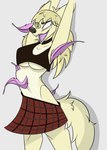 anthro belly biped bottomwear breasts clothed clothing crop_top feathers female hair laugh long_hair navel shirt simple_background skimpy skirt solo tail tickling tickling_armpits tickling_belly topwear under_boob moczimacza megan_(freakwithatag) canid canine canis mammal wolf 2024 absurd_res hi_res