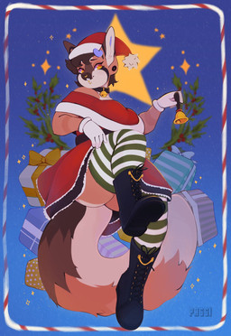 anthro bell bell_collar boots brown_hair christmas_clothing christmas_headwear clothed clothed_anthro clothed_female clothing collar facial_piercing female female_anthro fingers footwear front_view fur gift gloves hair handwear hat headgear headwear holding_bell holding_object holidays jingle_bell jingle_bell_collar legwear multicolored_body multicolored_fur nose_piercing nose_ring pattern_clothing pattern_legwear pattern_thigh_highs piercing plant ring_piercing santa_hat septum_piercing septum_ring shoes solo star striped_clothing striped_legwear striped_thigh_highs stripes tail thigh_highs white_clothing white_gloves white_handwear paggi christmas trasha canid canine deer fox hybrid mammal 2023 digital_media_(artwork) full-length_portrait hi_res portrait