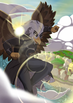 anthro bird's-eye_view bottomwear city cityscape clothing cloud coat_cape denim denim_bottomwear denim_clothing feathered_wings feathers female flying high-angle_view jeans light light_beam male male/female morning pants perspective sky skyscape sunbeam sunlight sunrise wings shuiroraijin accipitrid accipitriform avian bird eagle hi_res