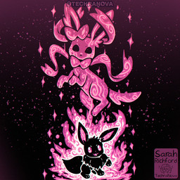 ambiguous_gender aura black_background colored_fire duo feral fire pink_body pink_eyes pink_fire simple_background sparkles techranova nintendo pokemon eevee eeveelution generation_1_pokemon generation_6_pokemon mammal pokemon_(species) sylveon 1:1