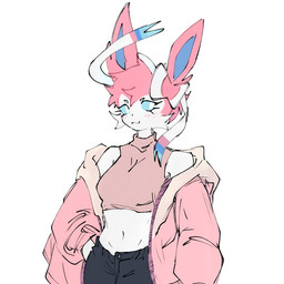 :3 anthro blue_body blue_eyes blue_fur blush bottomwear bow_(anatomy) breasts cheek_tuft clothed clothing eyelashes facial_tuft female fur grey_clothing hair hand_in_pocket jacket looking_at_viewer medium_breasts midriff navel open_bottomwear open_clothing open_pants oversized_clothing oversized_jacket oversized_topwear pants pink_clothing pink_hair pockets pokemorph ribbons_(anatomy) solo topwear tuft white_body white_fur mun_rue nintendo pokemon eeveelution generation_6_pokemon pokemon_(species) sylveon 1:1 2026 digital_drawing_(artwork) digital_media_(artwork)