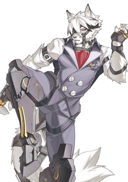 anthro belt black_clothing black_nose black_suit clothed clothing cybernetic_leg cybernetic_limb digit_ring eye_patch eyewear finger_ring fingerless_gloves fur gloves hair handwear harness jewelry looking_at_viewer male mechanical_leg raised_leg red_eyes shirt simple_background solo suit topwear white_body white_clothing white_fur white_hair white_shirt white_topwear w_h_aevr mihoyo zenless_zone_zero von_lycaon canid canine canis mammal thiren wolf 2026 absurd_res hi_res