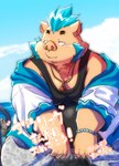 anthro belly big_belly blush brown_body clothing cloud hoodie humanoid_hands kemono male outside overweight overweight_male shirt sitting solo text topwear water inuiookawa lifewonders tokyo_afterschool_summoners ganglie_(tas) mammal suid suina sus_(pig) wild_boar 2022 hi_res japanese_text