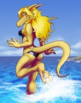 beach bikini breasts brown_eyes clothed clothing cloud detailed_background female furgonomics horn looking_back non-mammal_breasts outside running sand seaside skimpy sky solo swimwear tail tail_clothing two-piece_swimsuit water yellow_body yellow_skin lizardbeth mythology serylis dragon mythological_creature mythological_scalie scalie