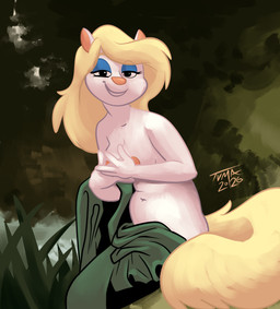 anthro areola blonde_hair breasts clothed clothing covering covering_breasts covering_self eyelashes eyeshadow female fingers fur hair half-closed_eyes looking_at_viewer makeup medium_breasts narrowed_eyes navel outside plant sitting smile solo tail topless topless_anthro topless_female tree white_body white_fur tvma animaniacs warner_brothers minerva_mink mammal mink mustelid musteline true_musteline 2026 digital_media_(artwork) hi_res