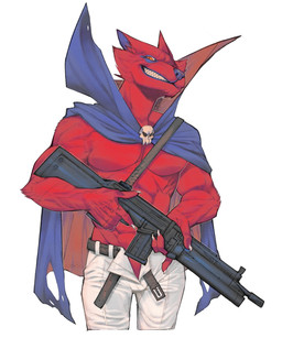 anthro battle_rifle belt bone bottomwear cape clothing fangs fur g3a3 gangster grenade_launcher gun hk_g3 holding_gun holding_object holding_ranged_weapon holding_weapon looking_at_viewer male orange_eyes pants ranged_weapon red_body red_fur sharp_teeth skull smug solo tactical teeth torn_cape torn_clothing unzipped unzipped_pants weapon white_bottomwear white_clothing white_pants zipper jarggurnaut heckler_and_koch grimm_(last69skulls) manedwolf_grimm_(last69skulls) canid canine mammal maned_wolf 5:6 hi_res
