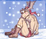 anthro antlers blush boxers_(clothing) bulge butt christmas_clothing christmas_headwear clothed clothing hair hat headgear headwear holidays horn humanoid_hands kemono looking_at_viewer male santa_hat simple_background smile solo topless underwear lavilovi christmas lifewonders tokyo_afterschool_summoners yule_(tas) cervine deer mammal new_world_deer reindeer digital_media_(artwork)