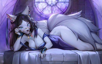 anthro armwear bare_shoulders big_breasts black_hair black_nose blue_eyes breasts bridal_gauntlets choker cleavage clothed clothing dress ear_piercing ear_ring eyebrows eyelashes female fur hair jewelry long_hair looking_at_viewer lying multi_tail necklace on_side piercing ring ring_piercing smile solo stained_glass tail white_body white_fur window shermugi canid canine fox mammal 2023 hi_res