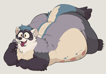 4_toes 5_fingers anthro areola belly belly_markings big_belly big_eyes biped black_body black_fur black_hands black_nose blue_body blue_fur blue_hair blue_markings claws cute_fangs eyebrows facial_markings fangs feet finger_claws fingers fur gesture grey_body grey_eyebrows grey_fur hair hand_gesture happu head_markings humanoid_hands inner_ear_fluff lying male male_anthro markings mask_(marking) monotone_background multi_nipple multicolored_body multicolored_fur multicolored_tail nipples nude nude_anthro nude_male obese obese_anthro obese_male on_front open_mouth open_smile orange_eyes overweight overweight_anthro overweight_male pink_areola pink_inner_ear pink_nipples pink_tongue pointing pointing_at_mouth pointing_at_own_mouth pointing_at_self simple_background smile solo tail tan_body tan_fur teeth three-quarter_view toe_claws toes tongue tongue_out toony tuft white_claws white_ears white_finger_claws white_inner_ear_fluff white_toe_claws raymodule domestic_ferret mammal mustelid musteline true_musteline weasel cel_shading digital_drawing_(artwork) digital_media_(artwork) full-length_portrait portrait shaded