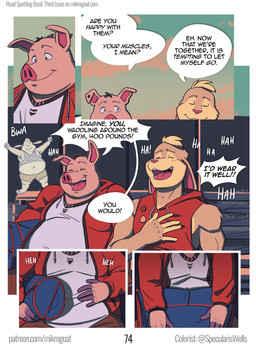 anthro blonde_hair clothing dialogue duo fur hair horn imagination laugh male male/male muscular muscular_male navel obese obese_anthro obese_male outside overweight overweight_anthro overweight_male pink_body pink_fur pink_skin shirt smile speech_bubble tank_top text topwear mikrogoat abe_(mikrogoat) basil_(mikrogoat) domestic_pig lagomorph leporid mammal rabbit suid suine sus_(pig) comic english_text hi_res url