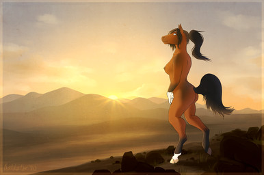 anthro black_hair black_mane breasts brown_body brown_fur brown_nipples butt casual_nudity female fur hair mane mountain nature nature_background nipples nude ponytail rock solo standing sun sunrise sunset spicychaikitten equid equine horse mammal 2020 signature