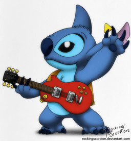 4_fingers 4_toes ambiguous_gender black_eyes blue_body blue_claws blue_fur blue_nose chest_tuft claws electric_guitar feet fingers fur guitar guitar_pick head_tuft holding_guitar holding_guitar_pick holding_musical_instrument holding_object musical_instrument notched_ear plucked_string_instrument simple_background smile solo standing string_instrument text toe_claws toes tuft white_background rockingscorpion disney lilo_and_stitch stitch_(lilo_and_stitch) alien experiment_(lilo_and_stitch) 2020 signature url male_(lore)