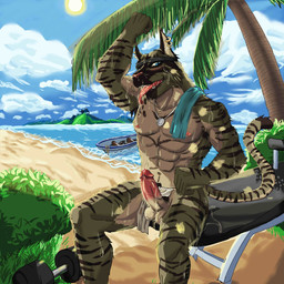 abs anthro armpit_hair balls beach bodily_fluids body_hair bottomwear bottomwear_aside clothing clothing_aside day detailed_background ear_piercing ear_ring erection flexing foreskin genitals humanoid_genitalia humanoid_penis ineffective_clothing ineffective_loincloth jewelry loincloth loincloth_aside male navel necklace nipples outside penis piercing pubes retracted_foreskin ring_piercing sand seaside sky solo stripes sun sweat tongue tongue_out vein veiny_penis wet mamaduo felid mammal 1:1 hi_res