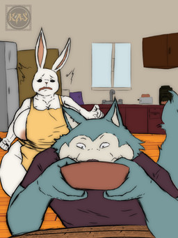 ahegao anthro big_breasts breasts cheese dairy_products detailed_background duo eating female food kitchen looking_pleasured male male/female obese obese_anthro obese_female overweight overweight_anthro overweight_female sitting thick_thighs wide_hips ketandslaycomics beastars haru_(beastars) legoshi_(beastars) canid canine canis domestic_rabbit dwarf_rabbit lagomorph leporid mammal netherland_dwarf_rabbit oryctolagus rabbit wolf 3:4