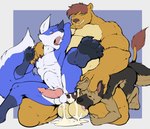 abdominal_bulge anal anal_penetration anthro ball_lick ball_size_difference balls big_balls big_dom_small_sub blue_body blue_fur bodily_fluids brown_body brown_eyes brown_fur claws cuckold cum cum_in_ass cum_inside dominant ejaculation excessive_cum excessive_genital_fluids feet fur genital_fluids genitals green_eyes group hand_on_another's_head knot licking male male/male navel nipples open_mouth oral penetration sex size_difference teeth tongue trio white_body white_fur pandottermon canid canine canis domestic_dog felid fox german_shepherd herding_dog lion mammal pantherine pastoral_dog