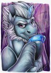 absurd_res alphabittle_blossomforth_(mlp) container cup equid equine eyebrows facial_hair feral fur grey_body grey_fur hair hasbro hi_res hooves horn lupiarts male mammal mlp_g5 my_little_pony mythological_creature mythological_equine mythology purple_eyes solo steam tea_cup unicorn white_hair