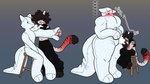 anthro big_chest big_pecs blue_background blush bottomwear brown_background brown_hair clothing concentration crop_top duo eyes_closed featureless_crotch furniture growth hair hair_over_eyes hand_between_legs intelligence_loss larger_male male male/male oversized_bottomwear oversized_clothing oversized_pants pants pawpads paws pecs plushie seam_(sewing) shirt simple_background sitting size_difference standing stool surprised_expression thick_thighs topwear whining midnite_fsnax animate_inanimate canid canine felid feline living_plushie mammal 16:9 hi_res widescreen
