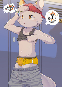 adolescent anthro backwards_baseball_cap backwards_hat band-aid bandage baseball_cap bottomwear bottomwear_down bulge cellphone clothed clothing electronics hat headgear headwear male pants pants_down partially_clothed phone shirt solo tank_top topwear underwear undressing young young_anthro young_male sharparadise skate_(sharparadise) canid canine canis domestic_dog mammal absurd_res hi_res