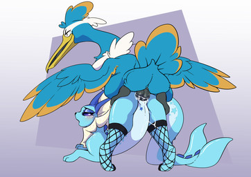 animal_genitalia avian_feet beak blue_body cloaca eyes_closed facial_markings feathered_crest feathered_wings feathers feet female feral from_behind_position genitals green_eyes head_crest head_markings male markings mask_(marking) membrane_(anatomy) mounting penetration penis sex standing_on_another tail tail_feathers toes vaginal vaginal_penetration vulva webbed_feet white_markings wings yellow_markings ashley-arctic-fox nintendo pokemon fan_character jazz_(soggybuizel) thunk_(gyro) avian cramorant eeveelution generation_1_pokemon generation_8_pokemon pokemon_(species) vaporeon absurd_res hi_res