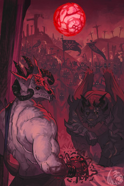 anthro army biceps black_body black_horn black_scales bone fangs flag fur horn looking_at_viewer looking_back magic magic_user male muscular muscular_male red_eyes red_lighting scales skull skull_head smile teeth hurrakkakaka mythology kharvyn_(baradragonborn) vaghar_(baradragonborn) canid canine dragon mammal mythological_creature mythological_scalie scalie digital_drawing_(artwork) digital_media_(artwork) hi_res restricted_palette