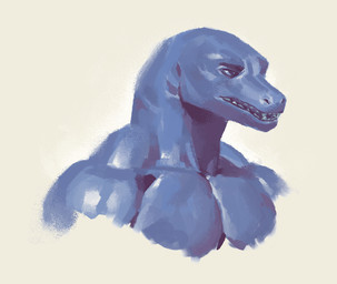 anthro blue_body blue_eyes blue_sclera eyebrows front_view looking_aside male monotone_body open_mouth simple_background snout solo tan_background teeth tongue_showing trapezius kingarthur_i lizard reptile scalie 2024 bust_portrait digital_drawing_(artwork) digital_media_(artwork) portrait